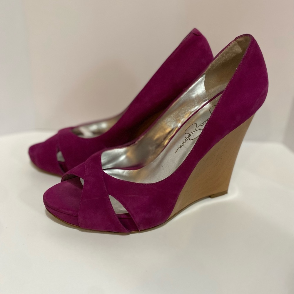 Used Jessica Simpson Fuscia Peep Toe Wedges Size 5